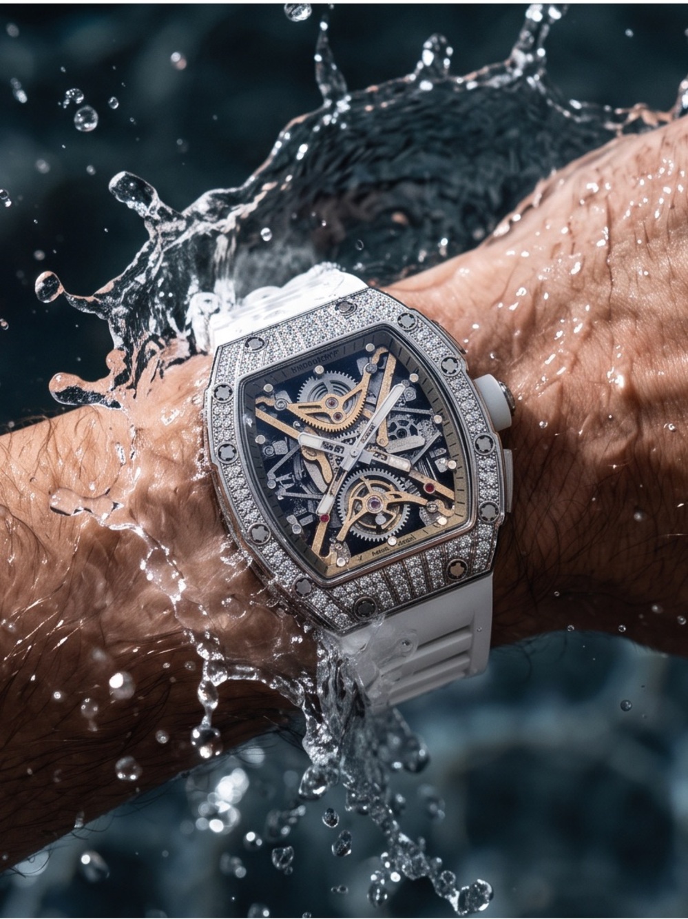 White Men's Skeleton Dial Sport Watch With Crystal Accents